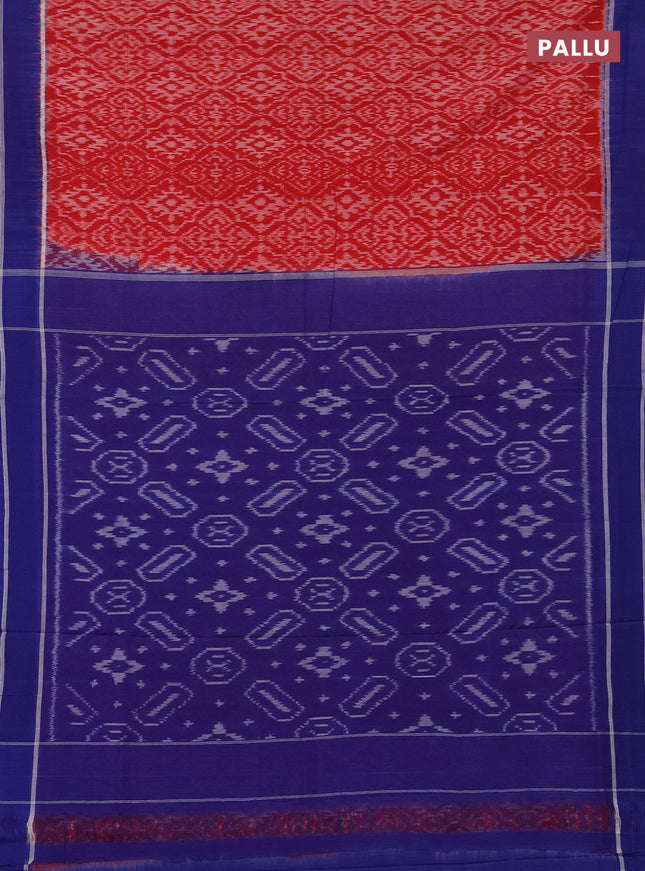 Ikat cotton saree red and blue with allover ikat weaves and simple border