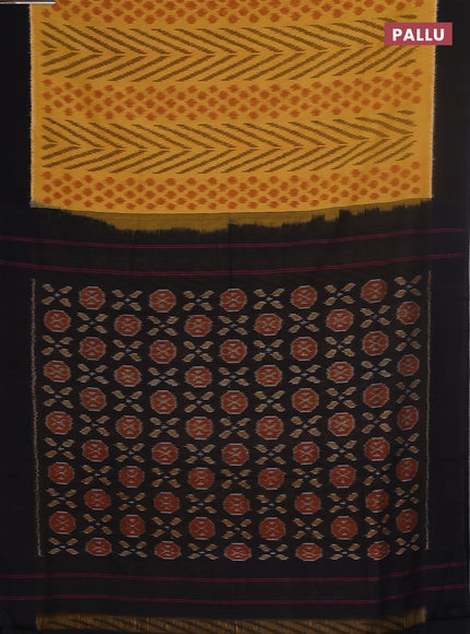 Ikat cotton saree yellow and black with allover ikat weaves and simple border