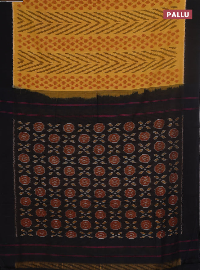 Ikat cotton saree yellow and black with allover ikat weaves and simple border