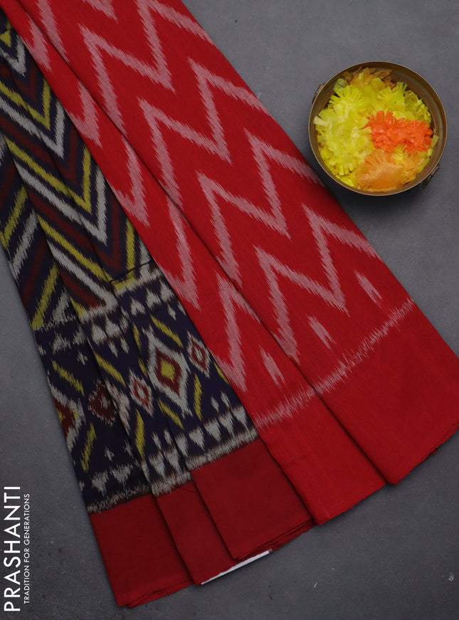 Ikat cotton saree navy blue and maroon with allover ikat weaves and simple border