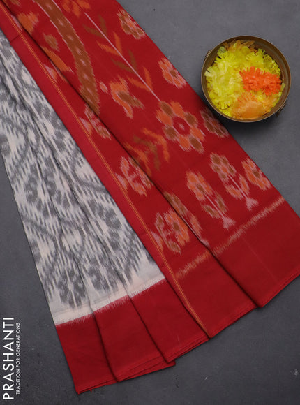 Ikat cotton saree off white grey and red with allover ikat weaves and simple border