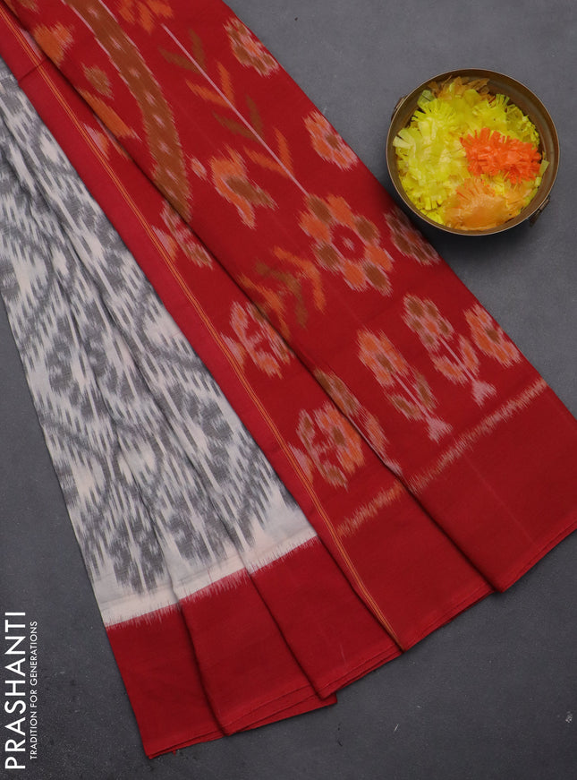Ikat cotton saree off white grey and red with allover ikat weaves and simple border