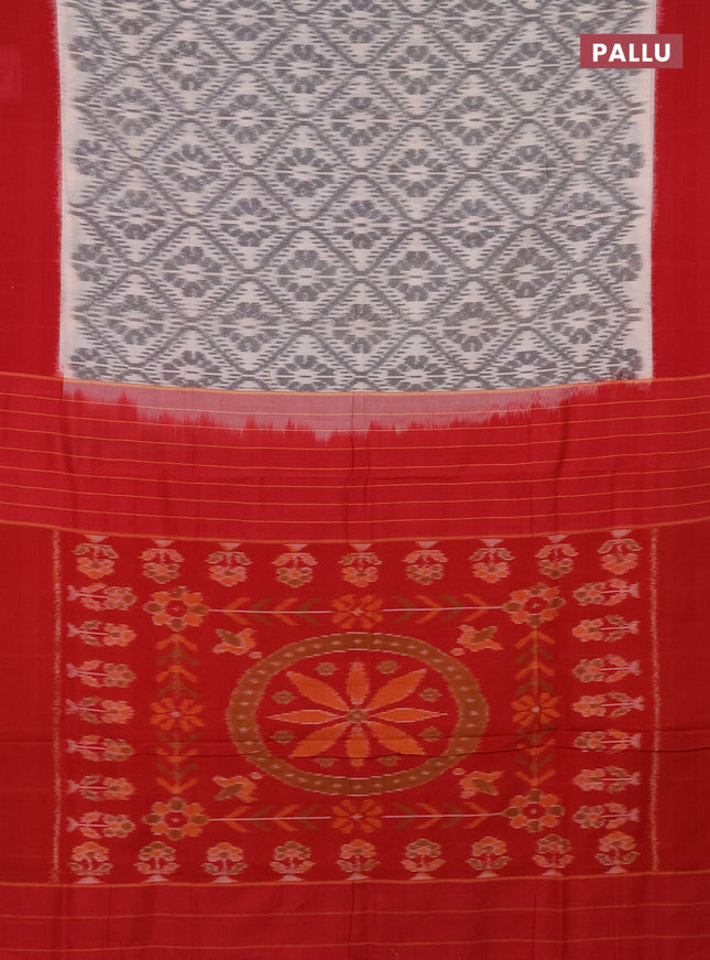 Ikat cotton saree off white grey and red with allover ikat weaves and simple border