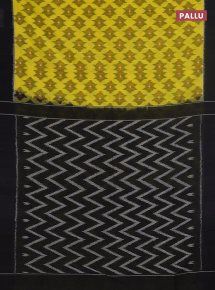 Ikat cotton saree yellow and black with allover ikat butta weaves and simple border