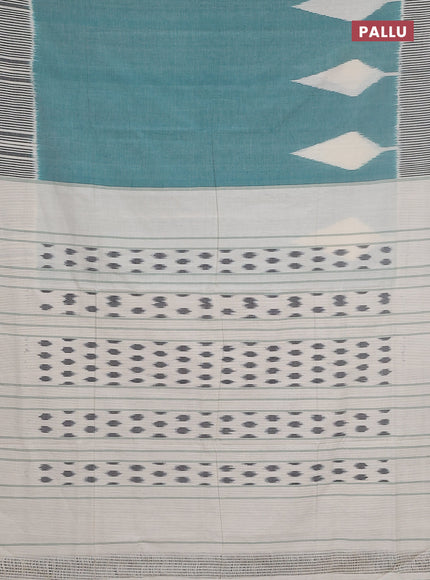 Ikat cotton saree teal green and cream with plain body and simple border