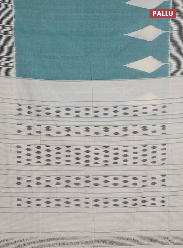 Ikat cotton saree teal green and cream with plain body and simple border