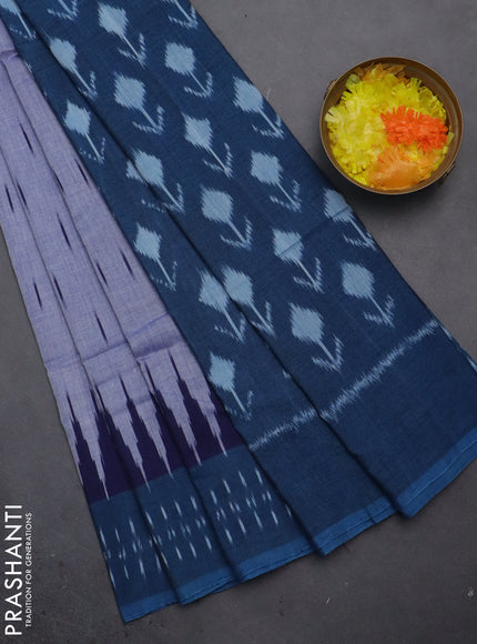 Ikat cotton saree bluish grey and blue with allover ikat butta weaves and temple design simple border