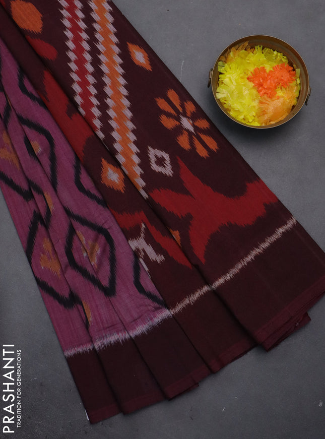 Ikat cotton saree pink shade and wine shade with allover ikat butta weaves and simple border