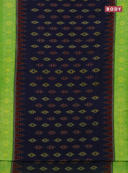 Ikat cotton saree dark blue and light green with allover ikat butta weaves and temple design simple border