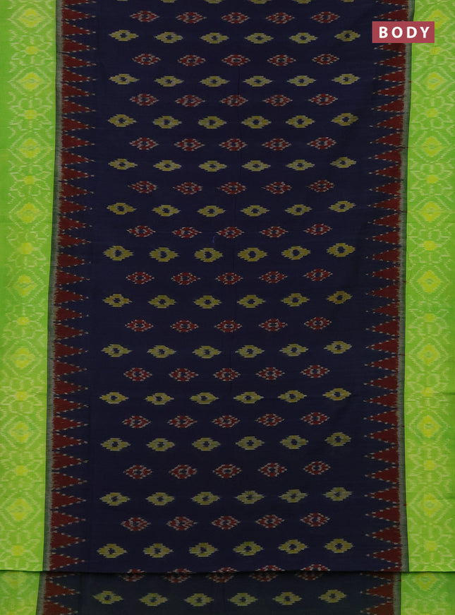 Ikat cotton saree dark blue and light green with allover ikat butta weaves and temple design simple border