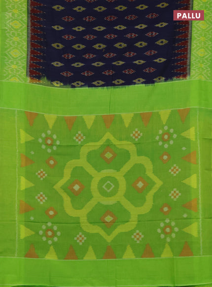 Ikat cotton saree dark blue and light green with allover ikat butta weaves and temple design simple border