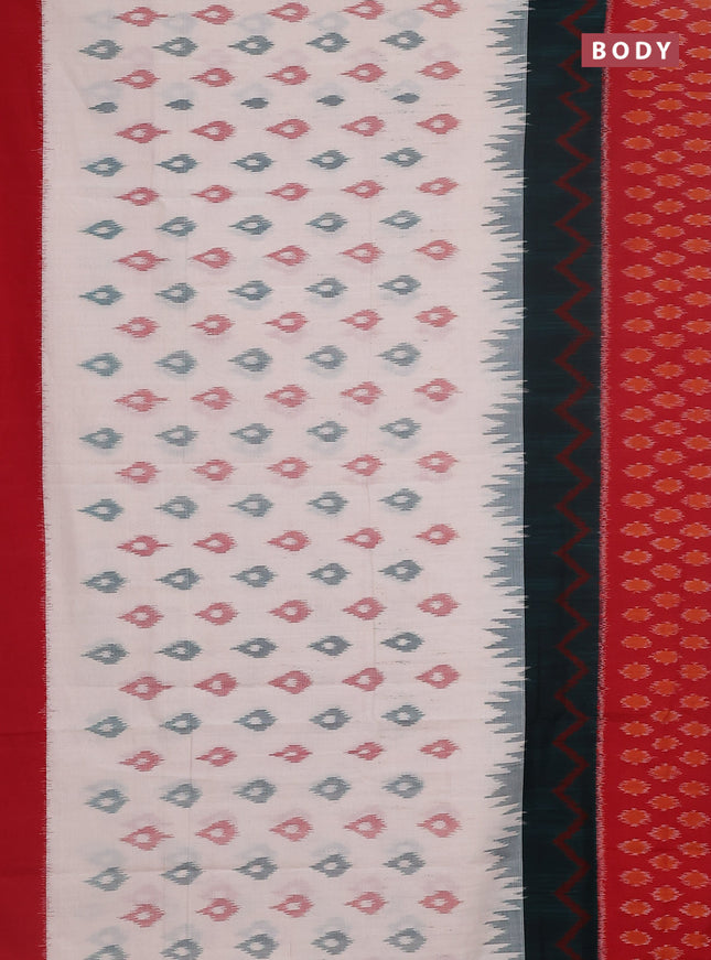 Ikat cotton saree off white and peacock green red with allover ikat butta weaves and long ikat style border