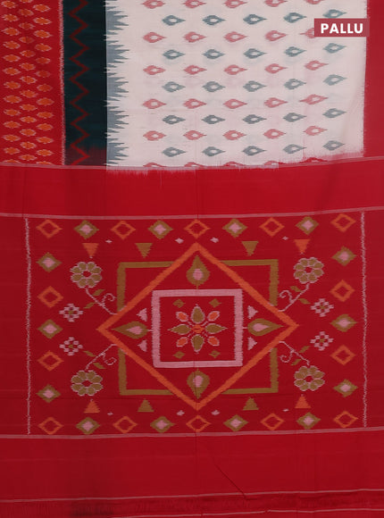 Ikat cotton saree off white and peacock green red with allover ikat butta weaves and long ikat style border