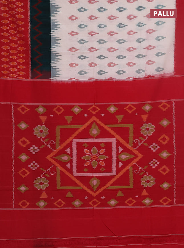 Ikat cotton saree off white and peacock green red with allover ikat butta weaves and long ikat style border