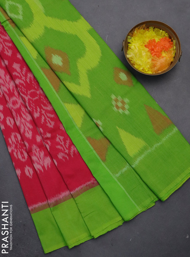 Ikat cotton saree pink and green with allover ikat weaves and simple border