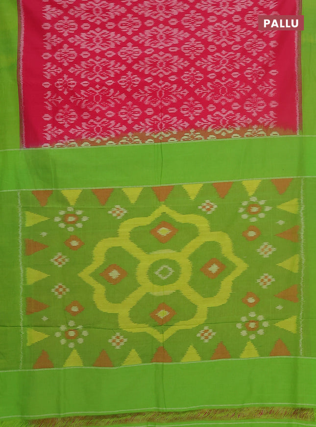 Ikat cotton saree pink and green with allover ikat weaves and simple border