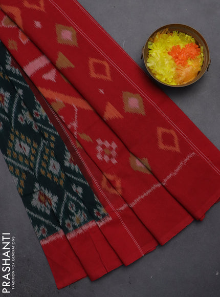 Ikat cotton saree bottel green and red with allover ikat butta weaves and simple border