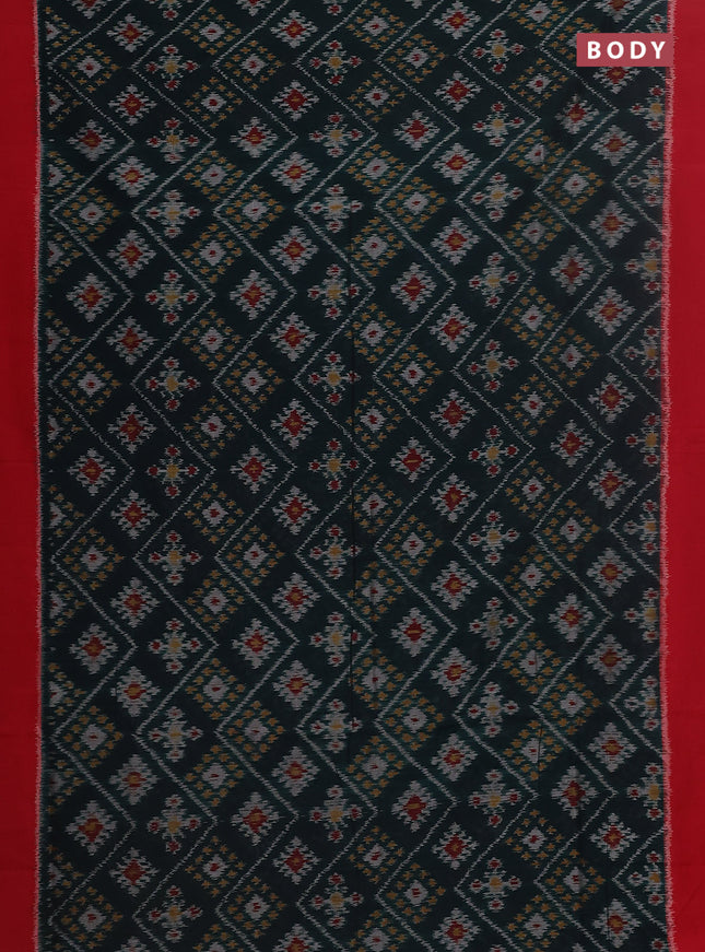 Ikat cotton saree bottel green and red with allover ikat butta weaves and simple border