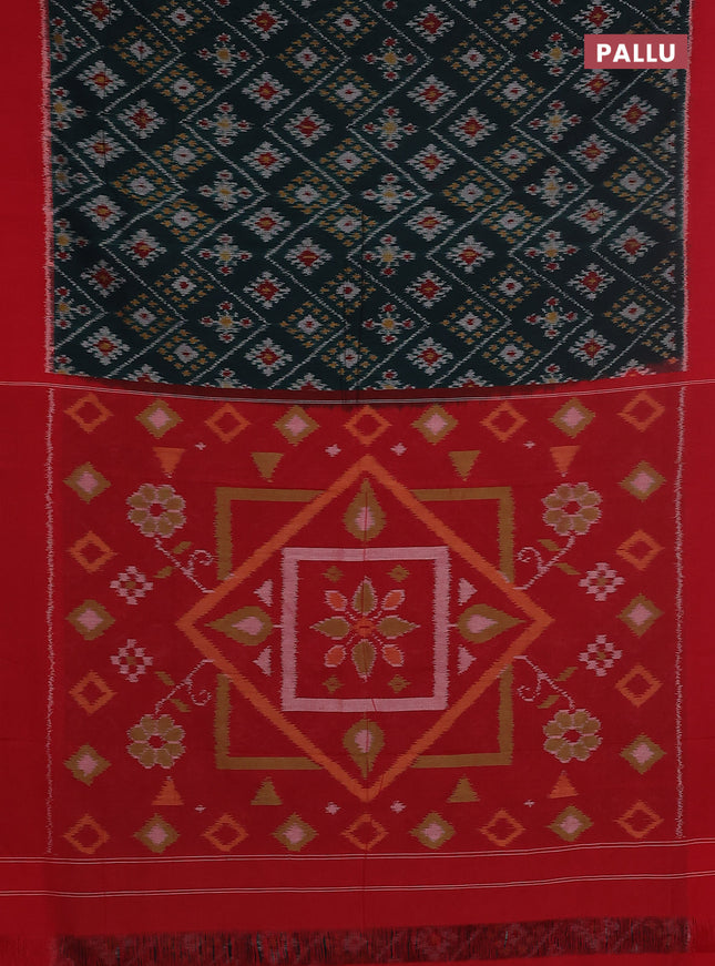 Ikat cotton saree bottel green and red with allover ikat butta weaves and simple border