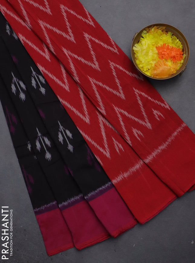 Ikat cotton saree black and red with allover ikat butta weaves and ikat style border