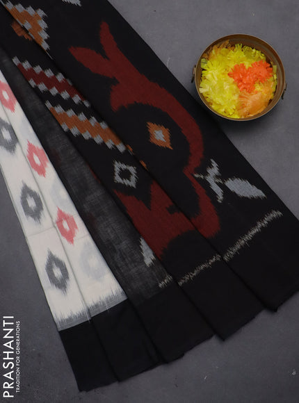 Ikat cotton saree off white and black with allover ikat butta weaves and long ikat style border