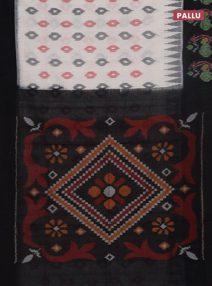 Ikat cotton saree off white and black with allover ikat butta weaves and long ikat style border
