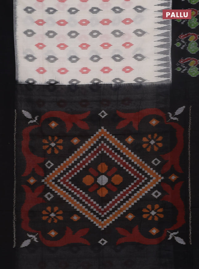 Ikat cotton saree off white and black with allover ikat butta weaves and long ikat style border