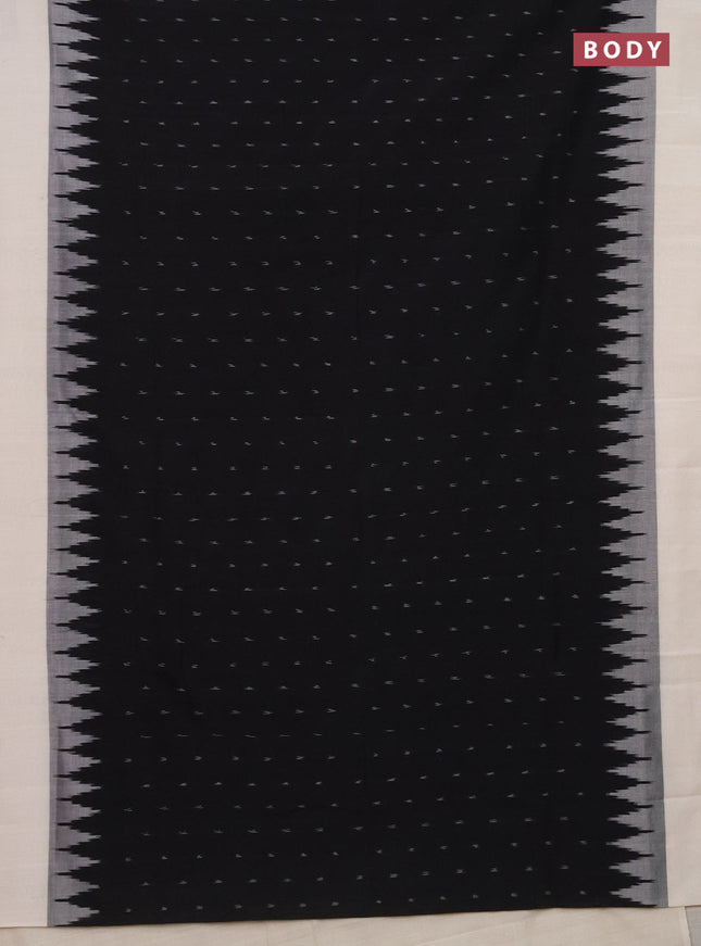 Ikat cotton saree black and off white with allover ikat butta weaves and temple design simple border
