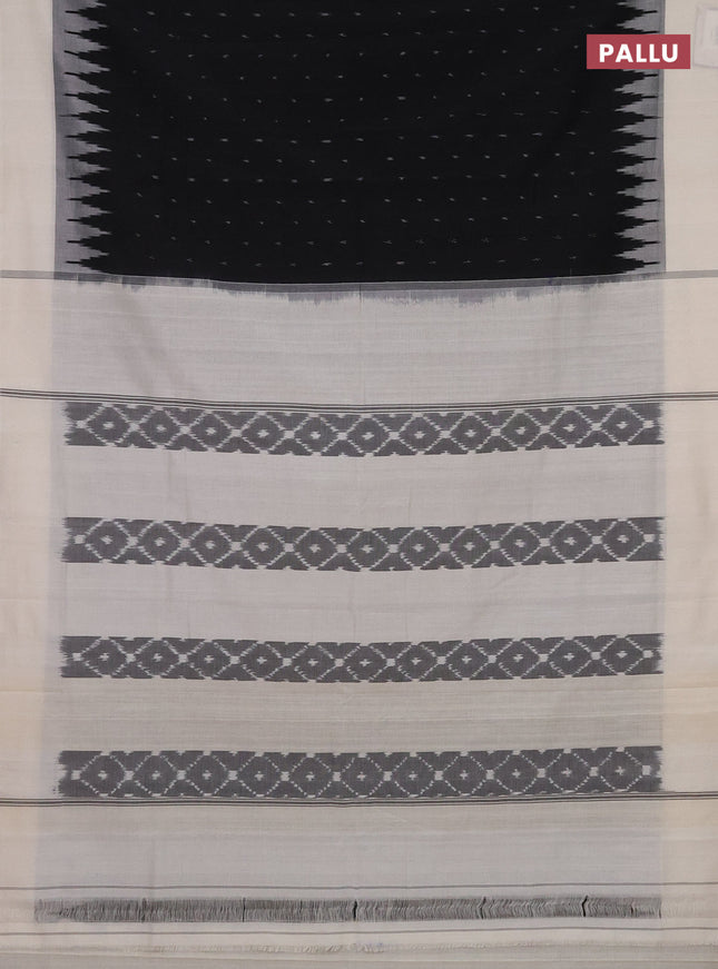 Ikat cotton saree black and off white with allover ikat butta weaves and temple design simple border