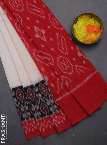 Ikat cotton saree off white and black red with plain body and long ikat style border