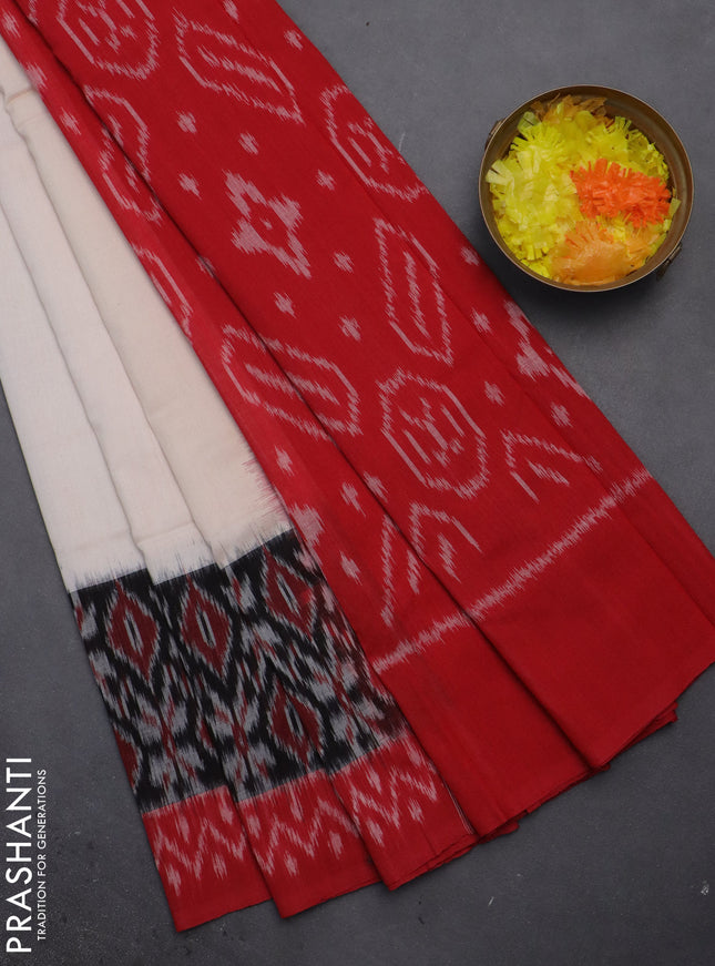 Ikat cotton saree off white and black red with plain body and long ikat style border