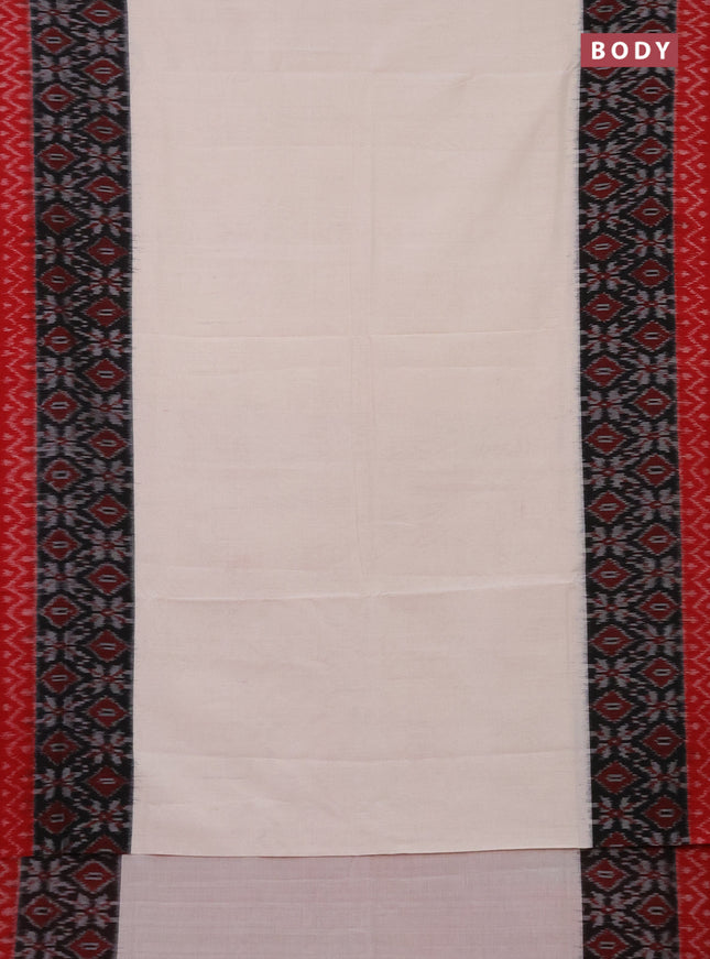 Ikat cotton saree off white and black red with plain body and long ikat style border