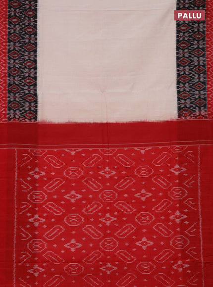 Ikat cotton saree off white and black red with plain body and long ikat style border