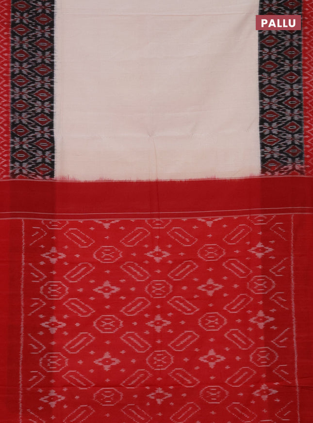 Ikat cotton saree off white and black red with plain body and long ikat style border