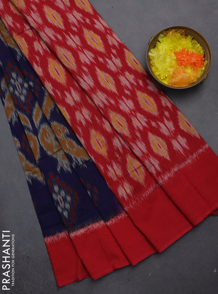 Ikat cotton saree blue and red with allover ikat weaves and simple border