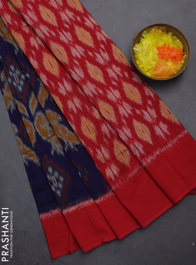Ikat cotton saree blue and red with allover ikat weaves and simple border