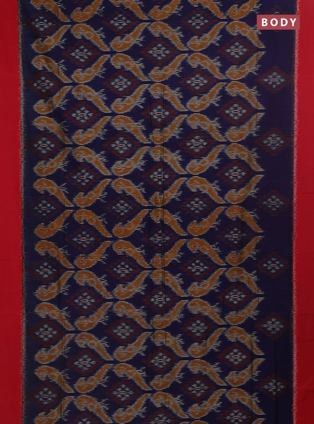 Ikat cotton saree blue and red with allover ikat weaves and simple border