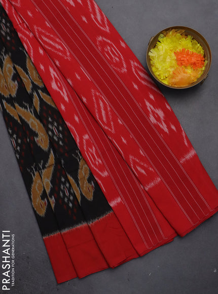 Ikat cotton saree black and red with allover ikat weaves and simple border