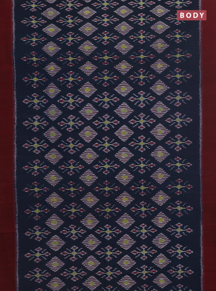Ikat cotton saree dark peacock blue and maroon with allover ikat butta weaves and simple border