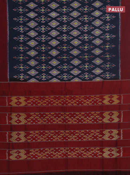 Ikat cotton saree dark peacock blue and maroon with allover ikat butta weaves and simple border