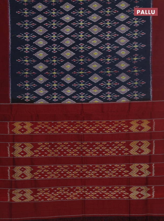 Ikat cotton saree dark peacock blue and maroon with allover ikat butta weaves and simple border