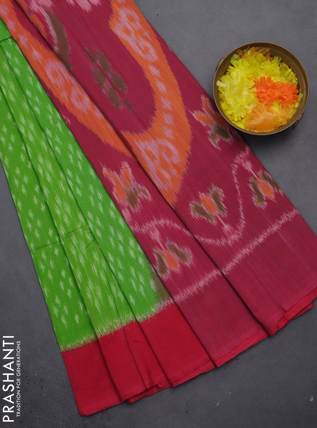 Ikat cotton saree light green and pink with allover ikat weaves and long ikat style border