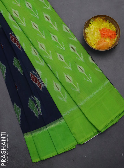 Ikat cotton saree peacock blue and light green with allover ikat butta weaves and simple border