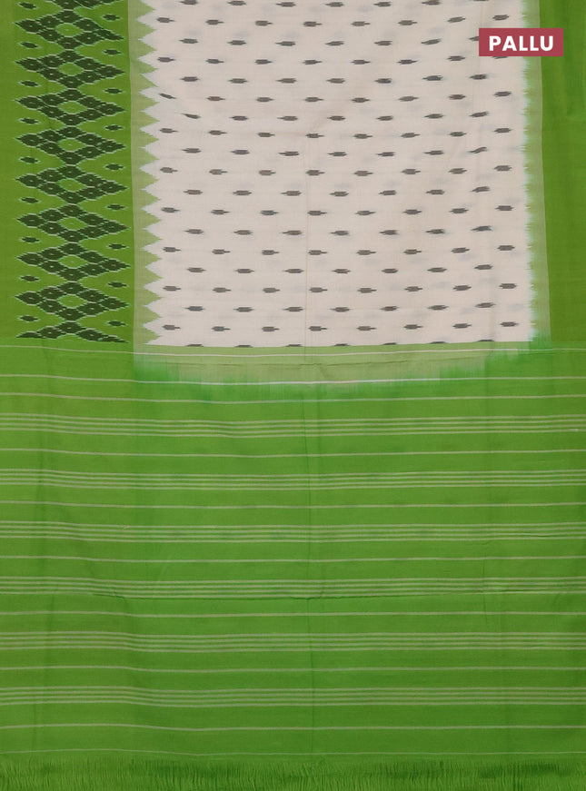 Ikat cotton saree off white and light green with allover ikat butta weaves and long ikat style border