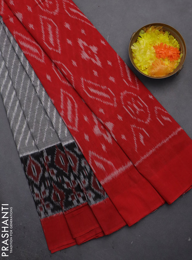 Ikat cotton saree grey black and red with allover ikat weaves and long ikat border