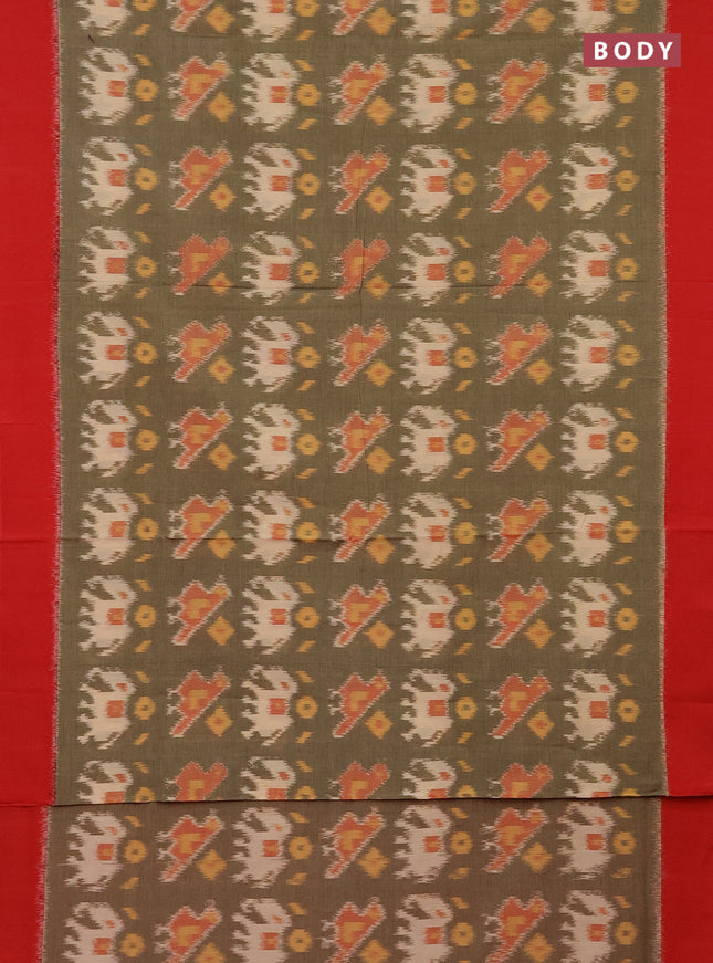 Ikat cotton saree chikku shade and red with allover ikat weaves and simple border