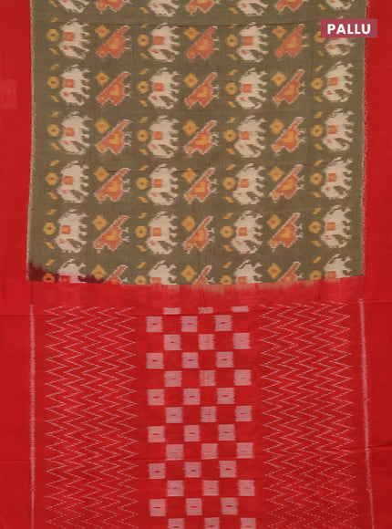 Ikat cotton saree chikku shade and red with allover ikat weaves and simple border