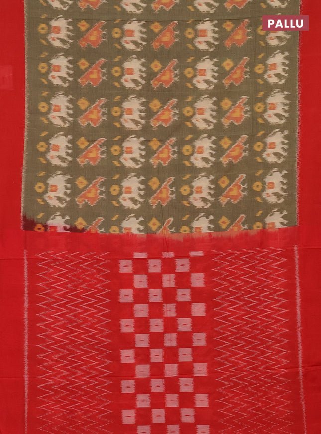 Ikat cotton saree chikku shade and red with allover ikat weaves and simple border