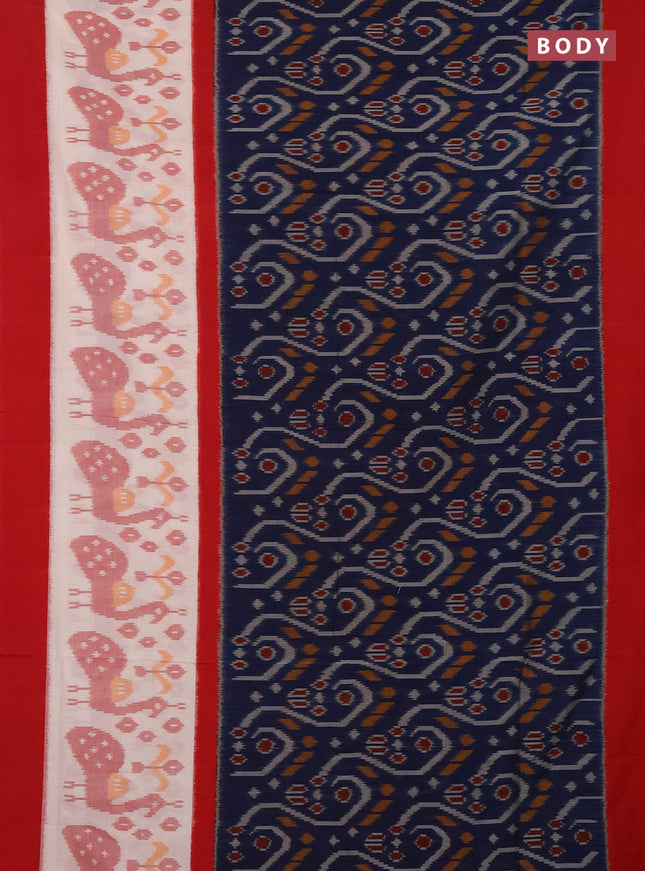 Ikat cotton saree peacock blue and off white red with allover ikat weaves and long ikat border