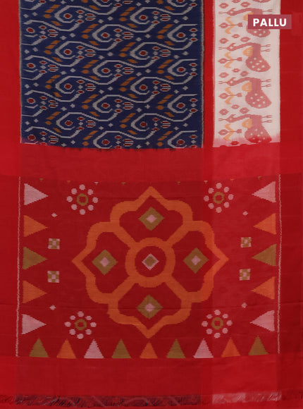 Ikat cotton saree peacock blue and off white red with allover ikat weaves and long ikat border